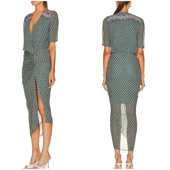 Veronica Beard Mariposa Silk Midi Dress Seagrass Green Multi - Picture 16 of 16